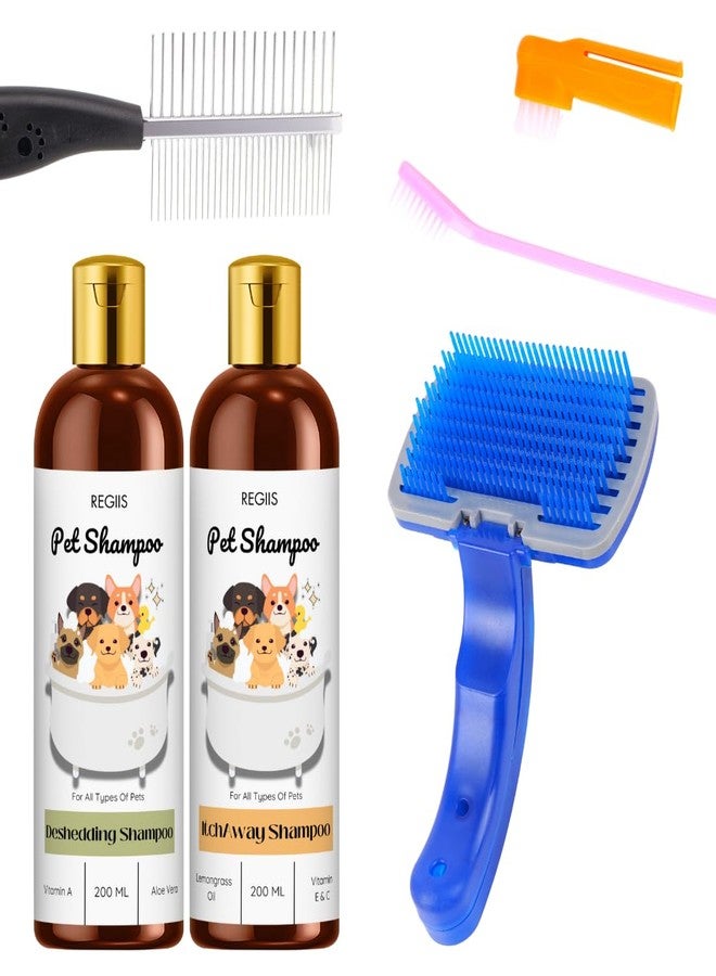 مجموعة العناية بالحيوانات الأليفة، مجموعة شامبو للكلاب مع تركيبة لإزالة الشعر الزائد وتخفيف الحكة، 200 مل لكل منها، فرشاة ذاتية التنظيف وأدوات العناية (عبوة من 4 قطع) - Image 1